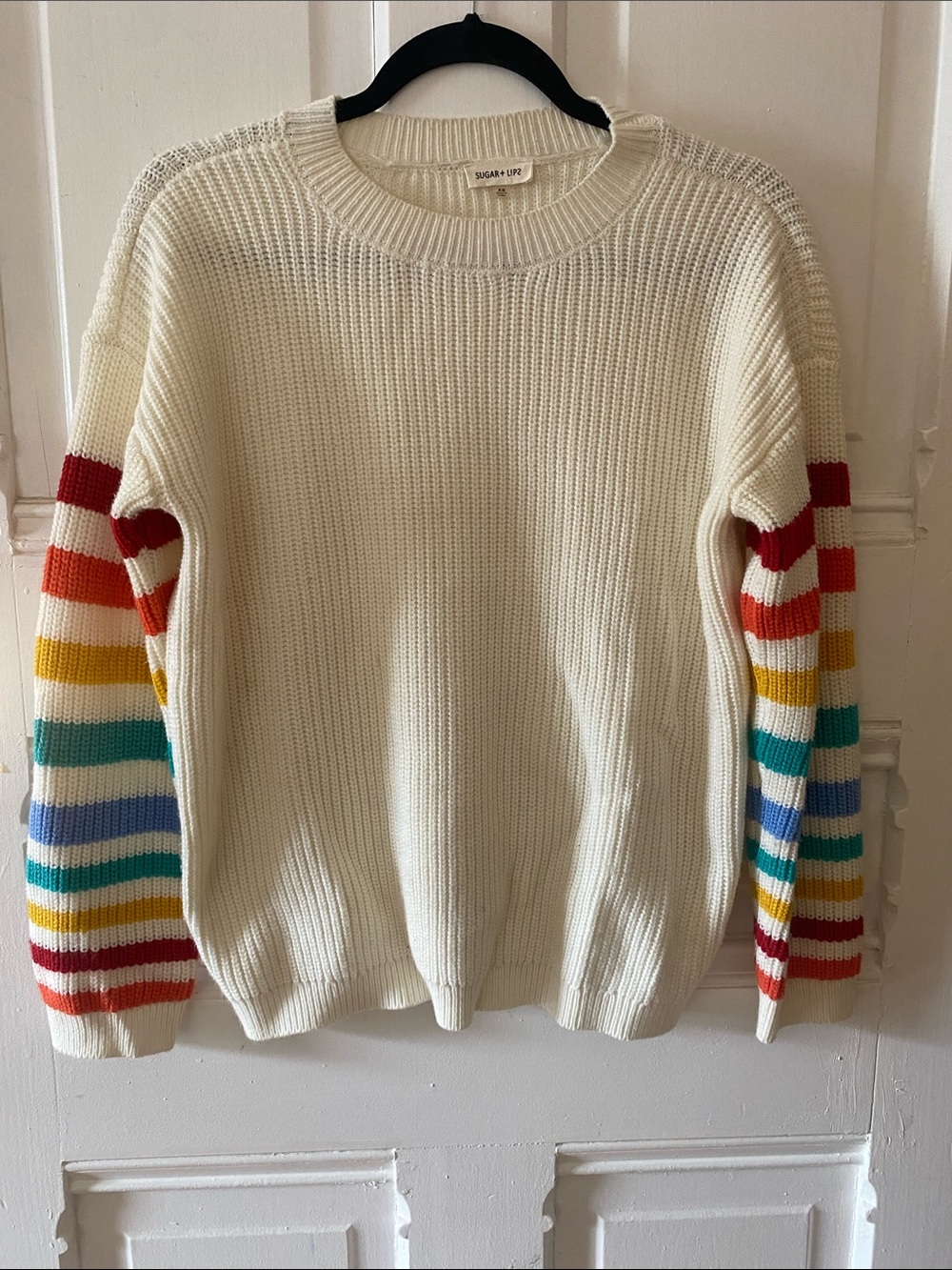 Sugarlips Ivory Crewneck Sweater with Rainbow Stripe Sleeves